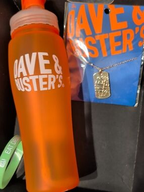 Dave & Buster's Orange Water Bottle with Green Bracelet And Necklace